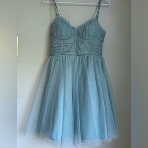 Seafoam green party dress. Bustier top/straps, short skirt w/sparkle tulle 7/8